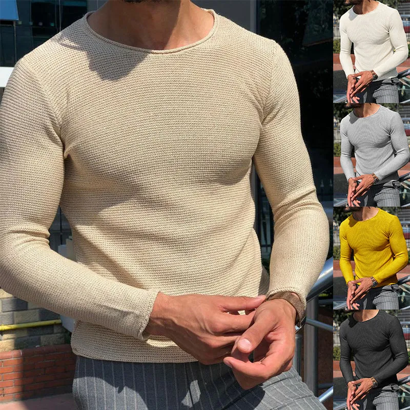 Herren Schmal geschnittener Strukturstrick-Langarmpullover mit Rundhalsausschnitt Drune