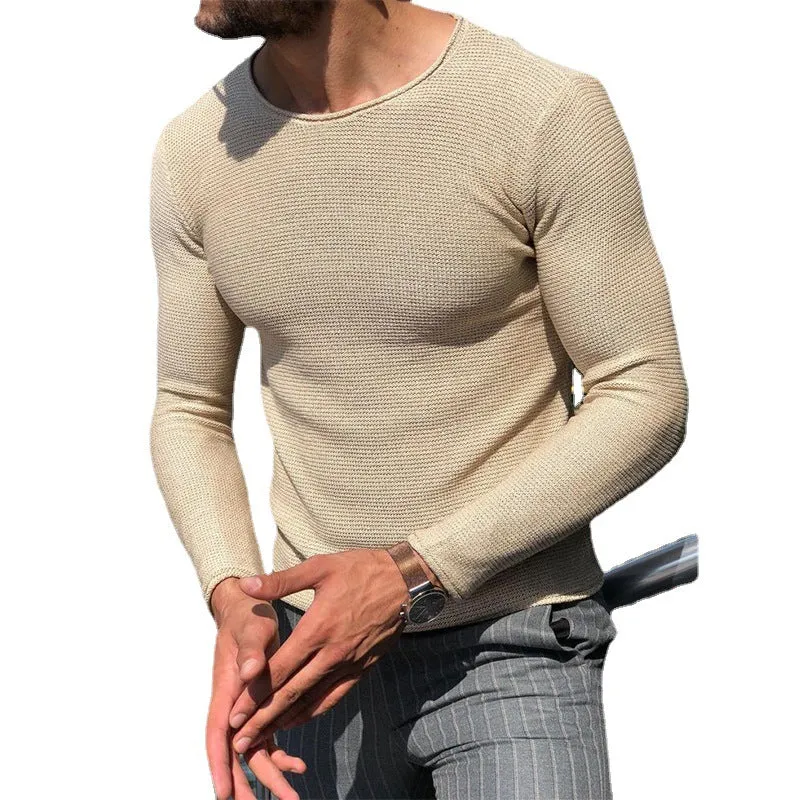 Herren Schmal geschnittener Strukturstrick-Langarmpullover mit Rundhalsausschnitt Drune