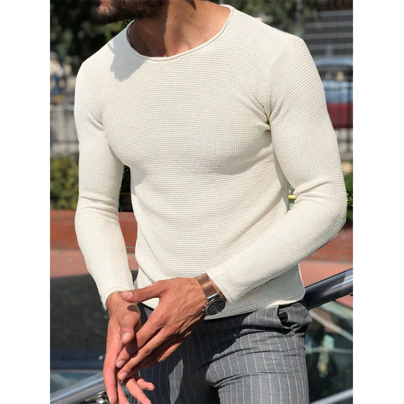 Herren Schmal geschnittener Strukturstrick-Langarmpullover mit Rundhalsausschnitt Drune