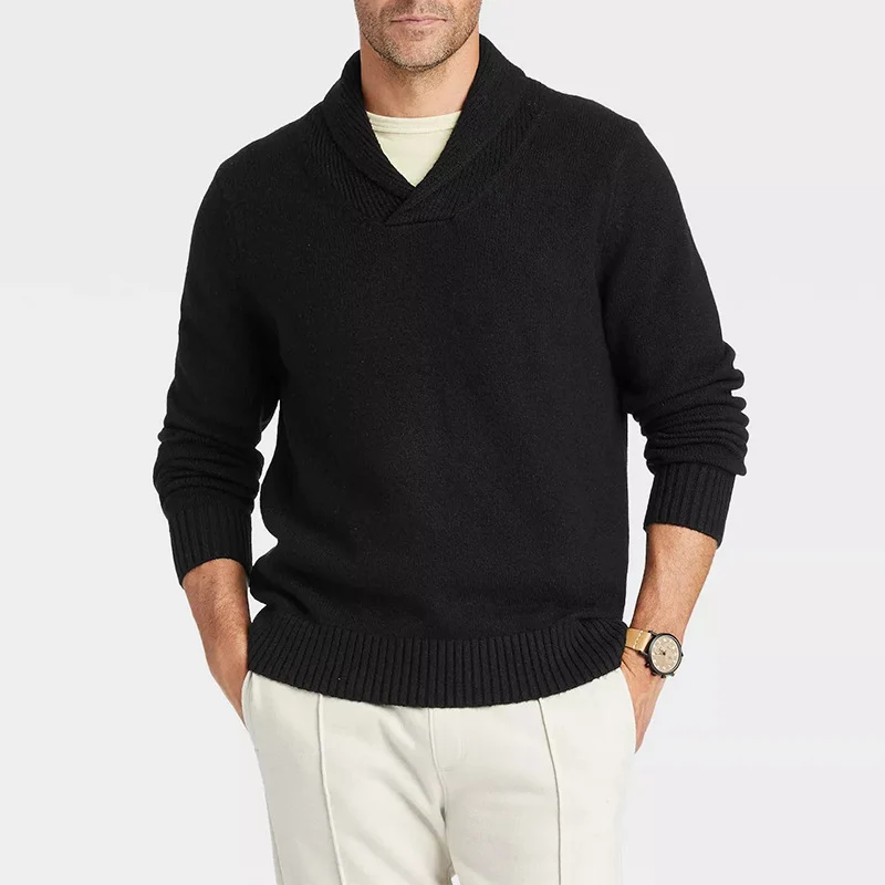 Herren Schalkragen-Pullover aus meliertem Feinstrick mit Rippbündchen Drune