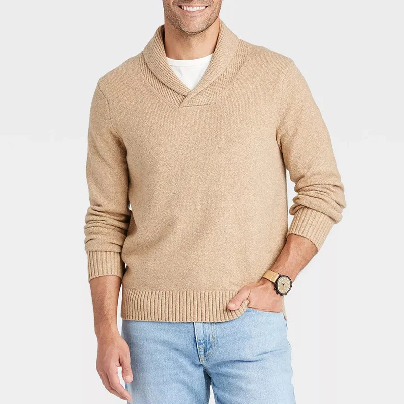 Herren Schalkragen-Pullover aus meliertem Feinstrick mit Rippbündchen Drune