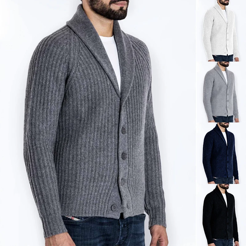 Herren Rippstrick-Cardigan mit Schalkragen und durchgehender Knopfleiste Drune