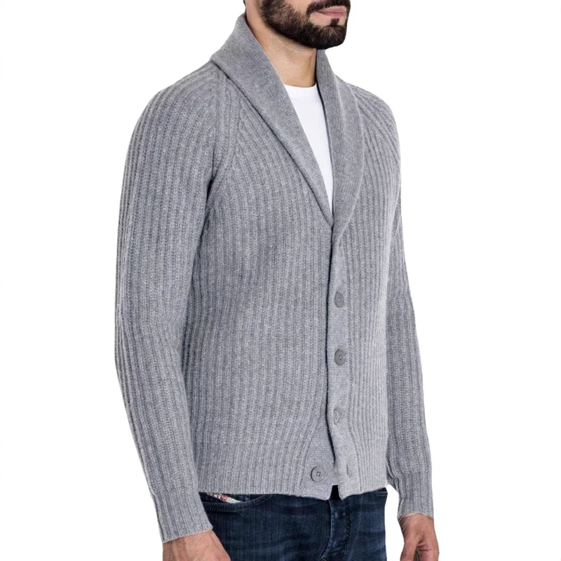 Herren Rippstrick-Cardigan mit Schalkragen und durchgehender Knopfleiste Drune