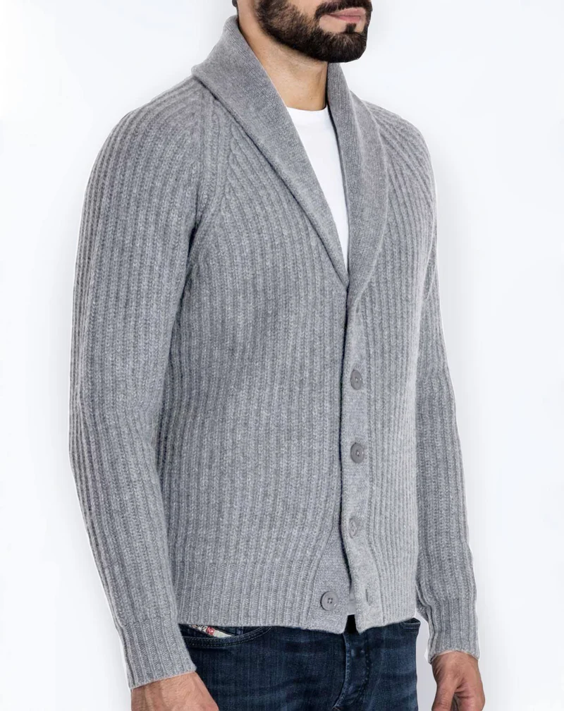 Herren Rippstrick-Cardigan mit Schalkragen und durchgehender Knopfleiste Drune