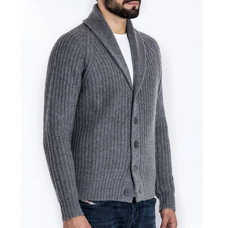 Herren Rippstrick-Cardigan mit Schalkragen und durchgehender Knopfleiste Drune
