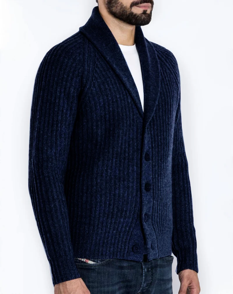 Herren Rippstrick-Cardigan mit Schalkragen und durchgehender Knopfleiste Drune