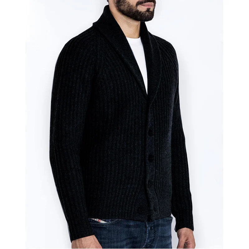 Herren Rippstrick-Cardigan mit Schalkragen und durchgehender Knopfleiste Drune