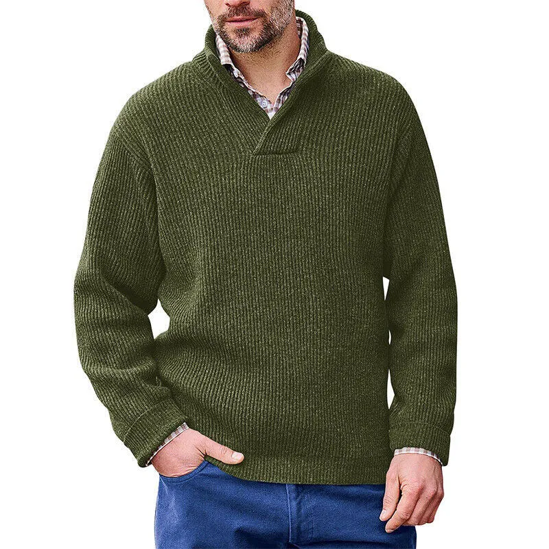Herren Rippenstrick-Pullover mit Schalkragen und kurzem V-Ausschnitt Drune