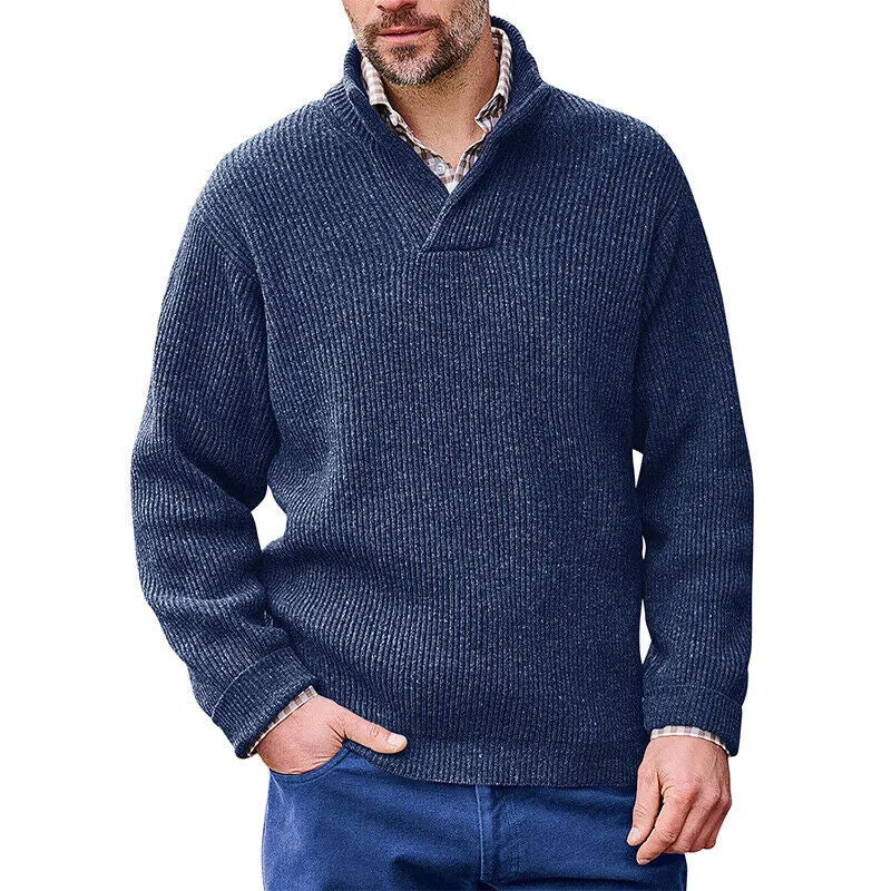 Herren Rippenstrick-Pullover mit Schalkragen und kurzem V-Ausschnitt Drune