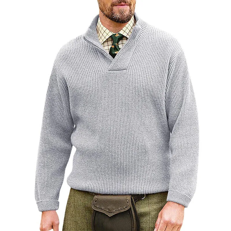 Herren Rippenstrick-Pullover mit Schalkragen und kurzem V-Ausschnitt Drune