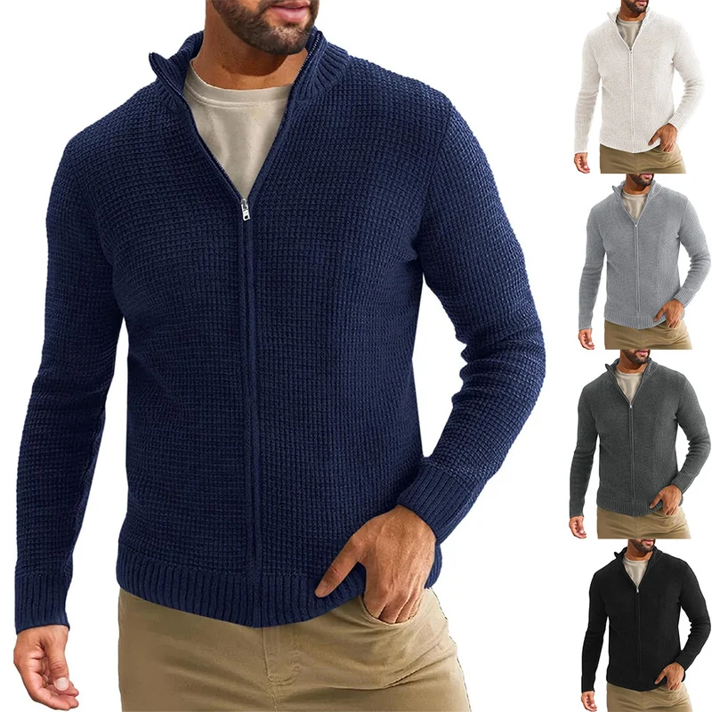 Herren Reißverschluss-Strickjacke mit Waffelstruktur und Stehkragen Drune