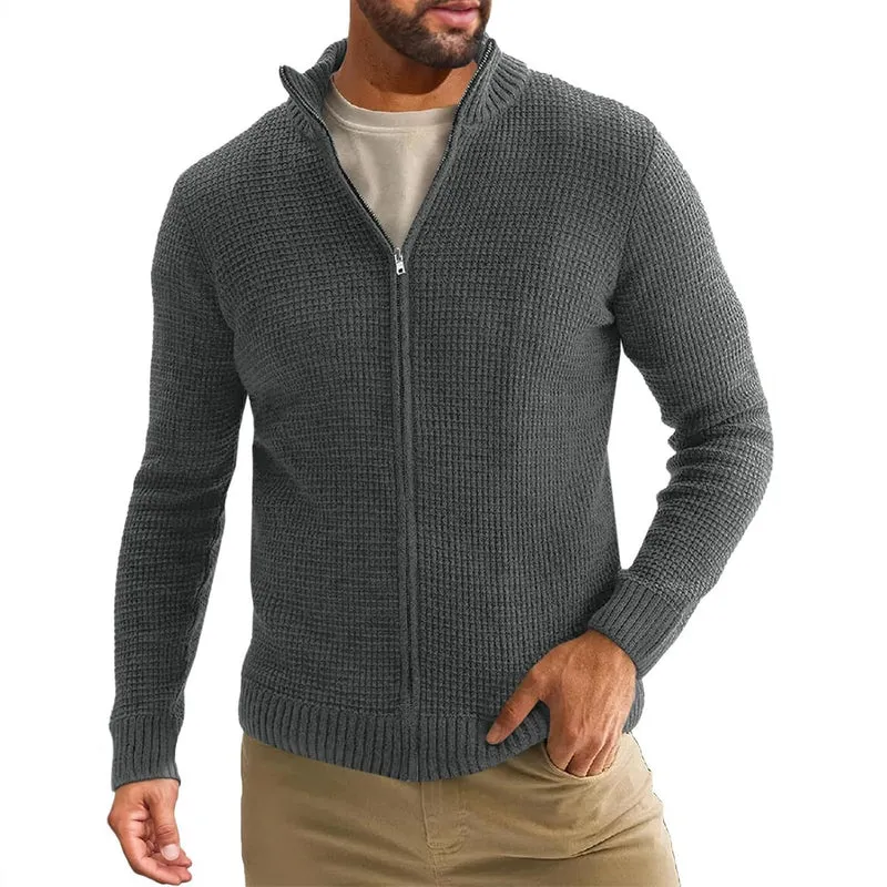 Herren Reißverschluss-Strickjacke mit Waffelstruktur und Stehkragen Drune