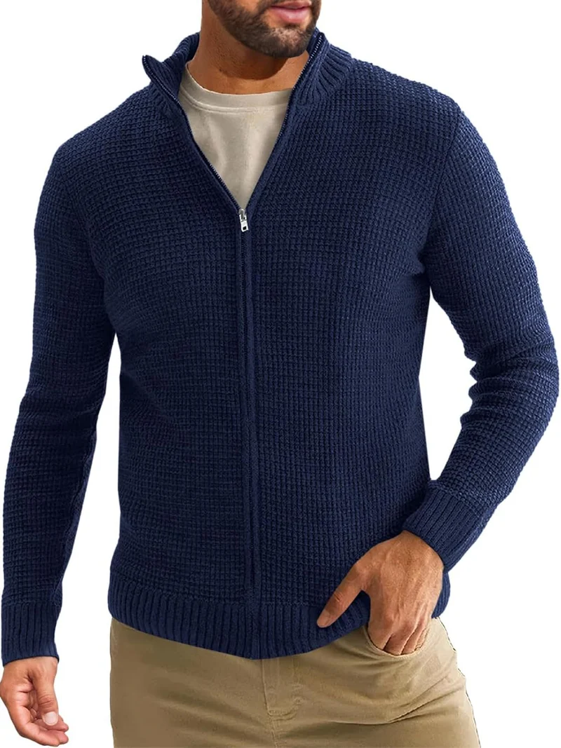 Herren Reißverschluss-Strickjacke mit Waffelstruktur und Stehkragen Drune