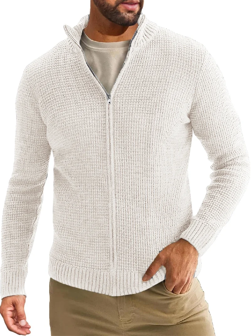 Herren Reißverschluss-Strickjacke mit Waffelstruktur und Stehkragen Drune