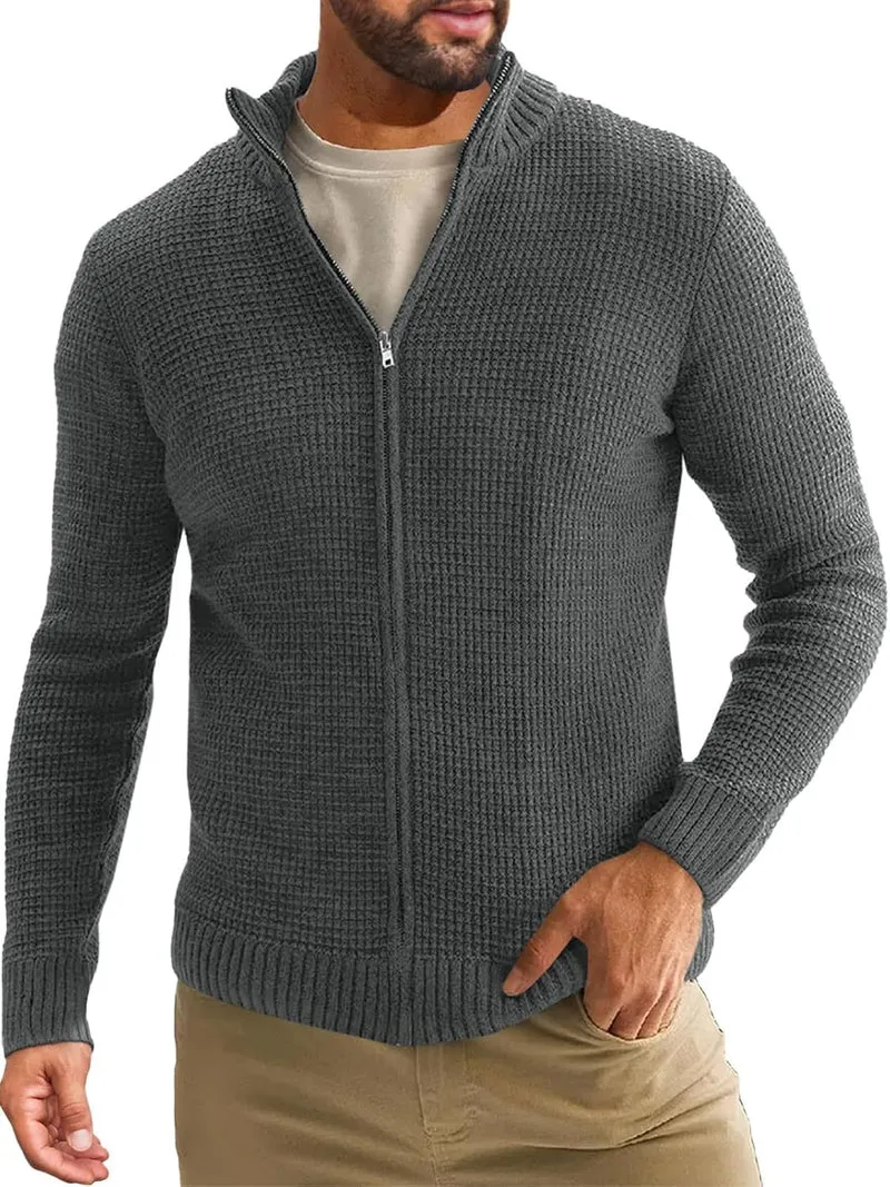 Herren Reißverschluss-Strickjacke mit Waffelstruktur und Stehkragen Drune
