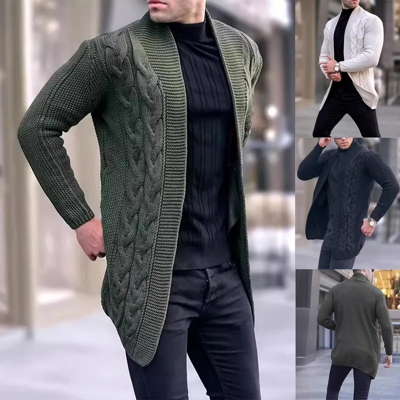 Herren Longline-Strickcardigan mit Schalkragen, Zopf- und Perlmuster Drune
