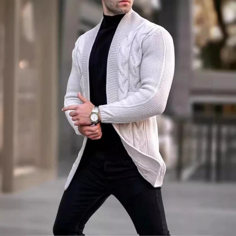 Herren Longline-Strickcardigan mit Schalkragen, Zopf- und Perlmuster Drune