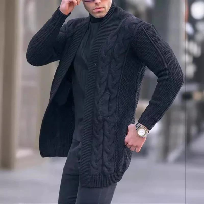 Herren Longline-Strickcardigan mit Schalkragen, Zopf- und Perlmuster Drune