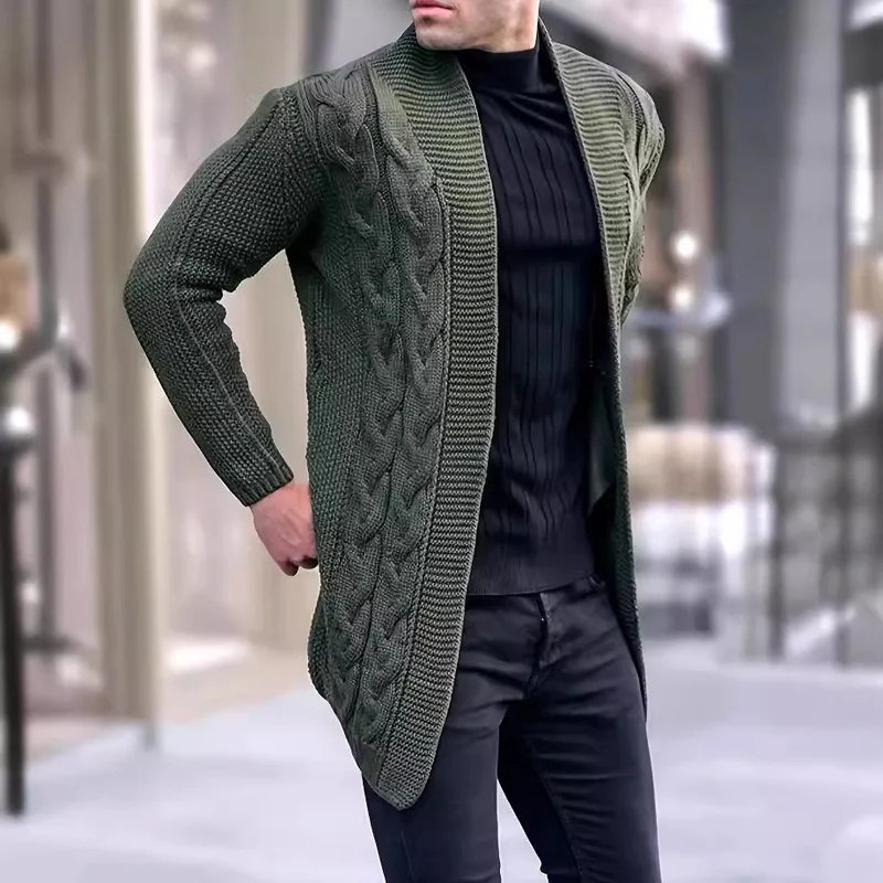 Herren Longline-Strickcardigan mit Schalkragen, Zopf- und Perlmuster Drune