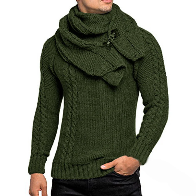 Herren Grobstrick-Pullover mit integriertem Wickelkragen und Schnallen-Schal Drune