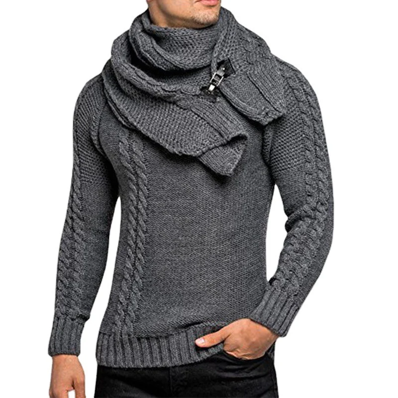 Herren Grobstrick-Pullover mit integriertem Wickelkragen und Schnallen-Schal Drune