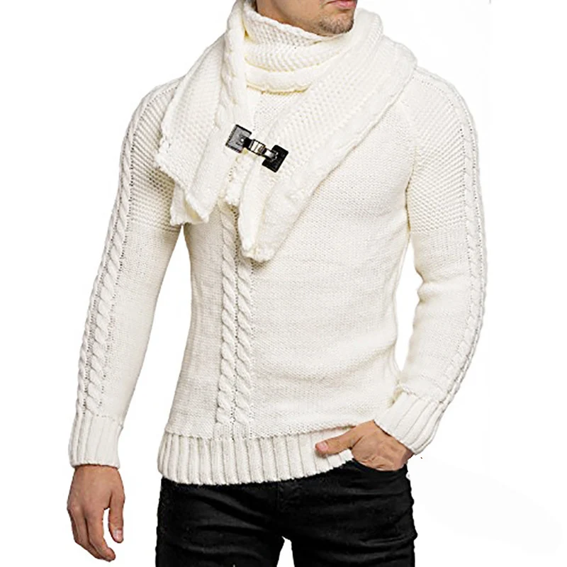 Herren Grobstrick-Pullover mit integriertem Wickelkragen und Schnallen-Schal Drune