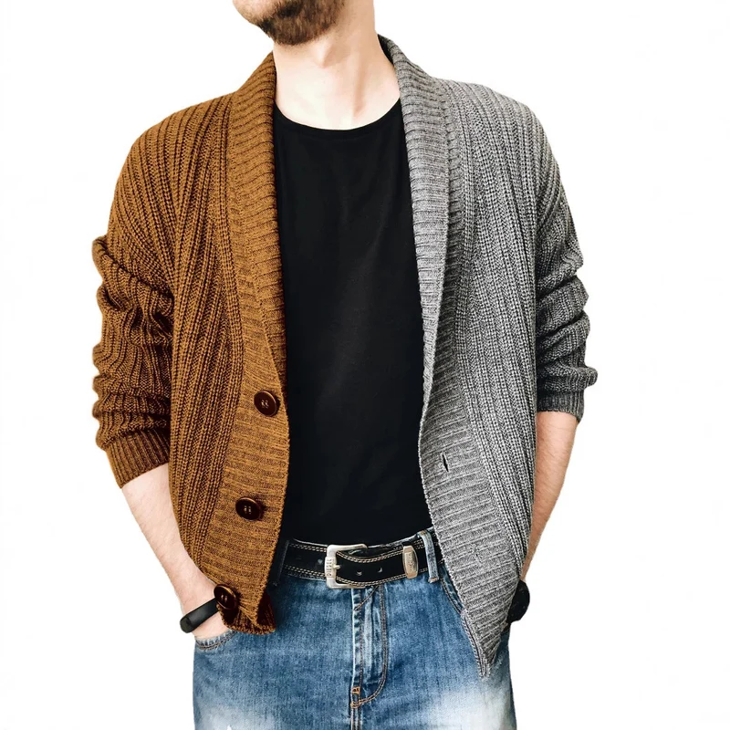 Herren Grobstrick-Cardigan mit Schalkragen, Rippstruktur und markanten Knöpfen Drune