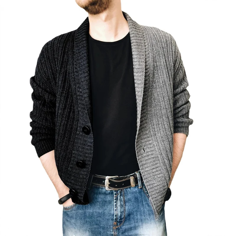 Herren Grobstrick-Cardigan mit Schalkragen, Rippstruktur und markanten Knöpfen Drune