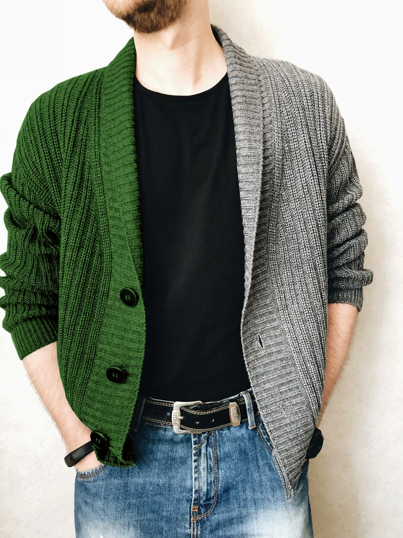 Herren Grobstrick-Cardigan mit Schalkragen, Rippstruktur und markanten Knöpfen Drune