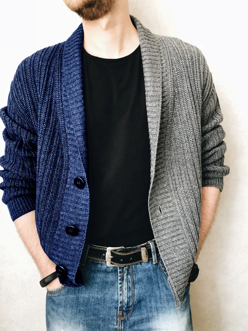 Herren Grobstrick-Cardigan mit Schalkragen, Rippstruktur und markanten Knöpfen Drune