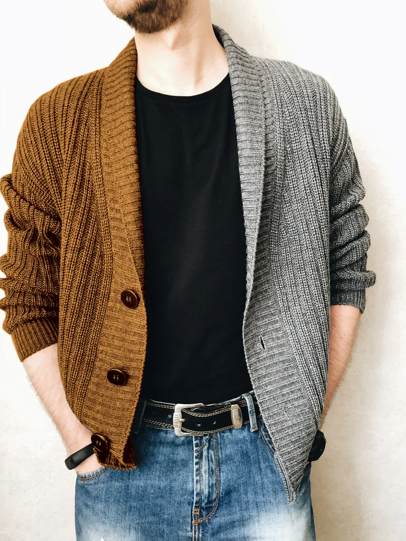 Herren Grobstrick-Cardigan mit Schalkragen, Rippstruktur und markanten Knöpfen Drune