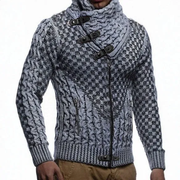 Herren Grobstrick-Cardigan mit asymmetrischem Wickelkragen und Reißverschluss Drune