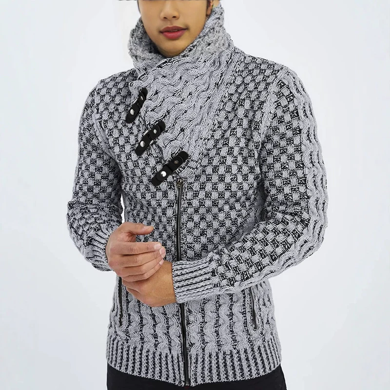 Herren Grobstrick-Cardigan mit asymmetrischem Wickelkragen und Reißverschluss Drune