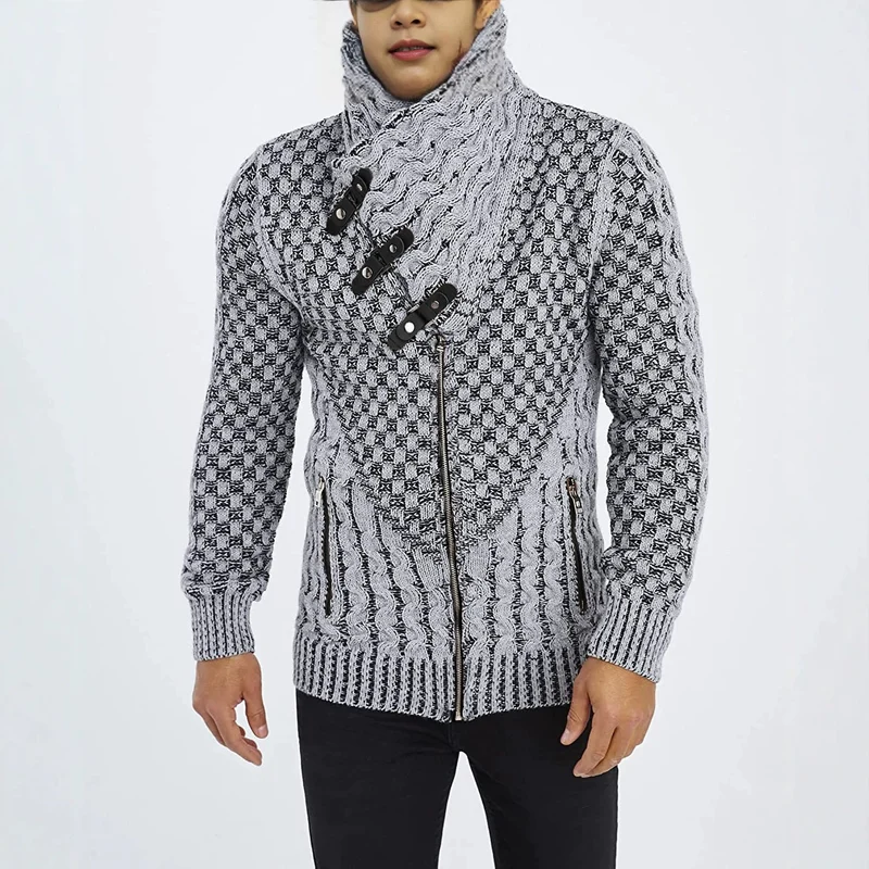 Herren Grobstrick-Cardigan mit asymmetrischem Wickelkragen und Reißverschluss Drune