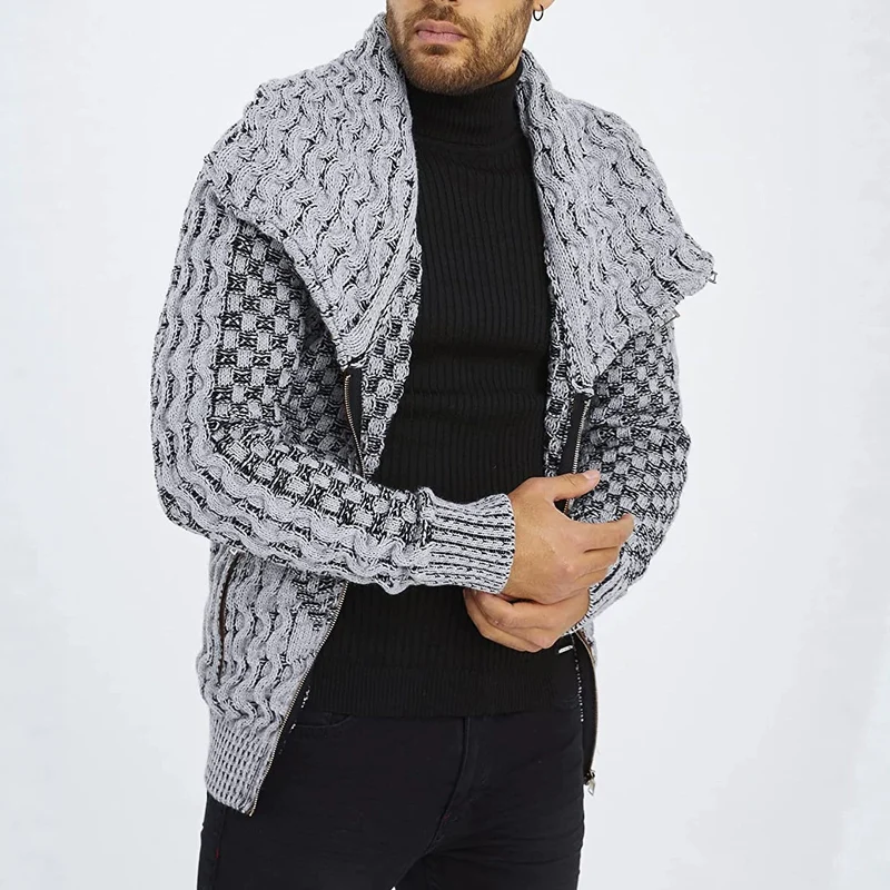 Herren Grobstrick-Cardigan mit asymmetrischem Wickelkragen und Reißverschluss Drune