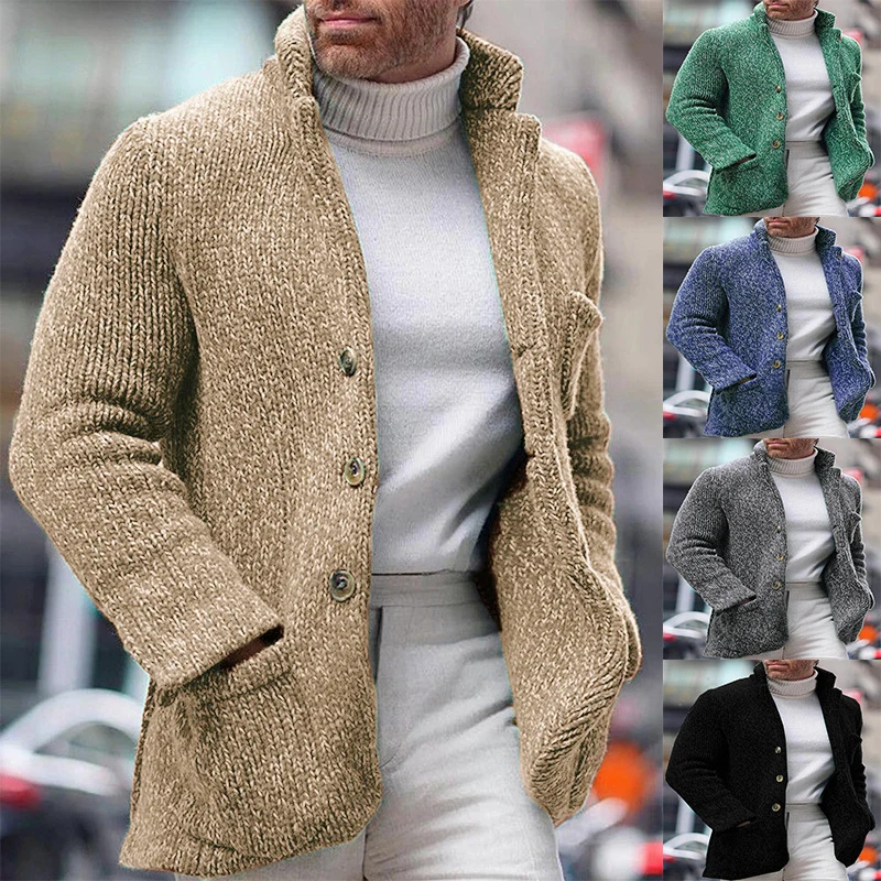Herren Grobstrick-Cardigan-Jacke mit hohem Stehkragen und aufgesetzten Taschen Drune