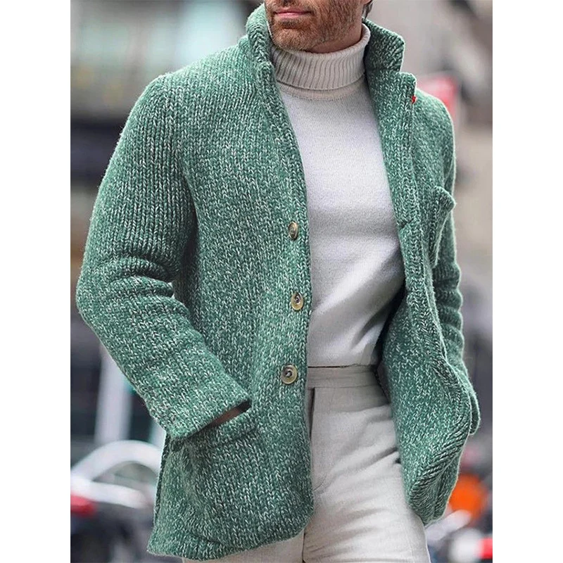 Herren Grobstrick-Cardigan-Jacke mit hohem Stehkragen und aufgesetzten Taschen Drune