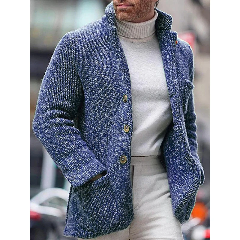 Herren Grobstrick-Cardigan-Jacke mit hohem Stehkragen und aufgesetzten Taschen Drune