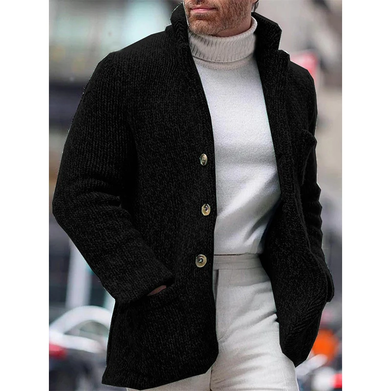 Herren Grobstrick-Cardigan-Jacke mit hohem Stehkragen und aufgesetzten Taschen Drune