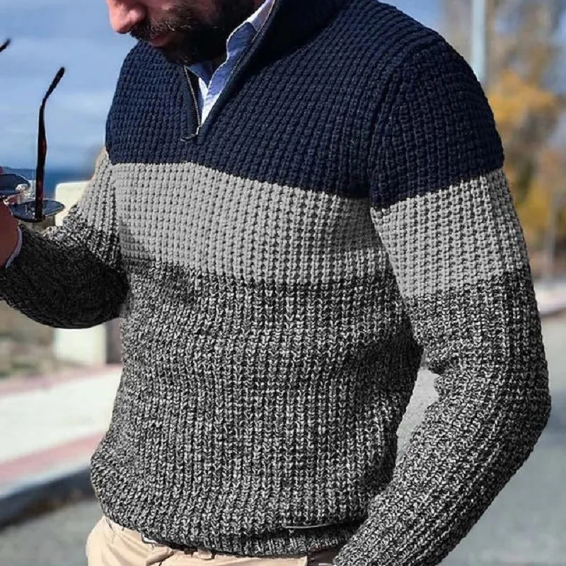 Herren Grobgestrickter Strukturstrick-Pullover mit halbem Reißverschluss und Raglanärmeln Drune