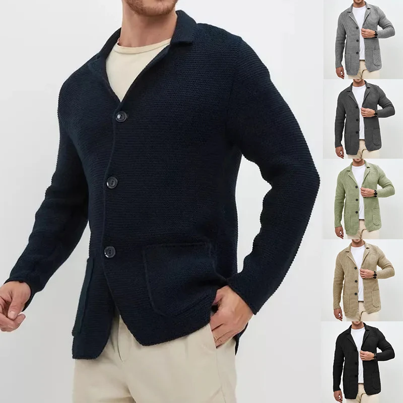 Herren grobgestrickter Strickcardigan mit Schalkragen und aufgesetzten Taschen Drune
