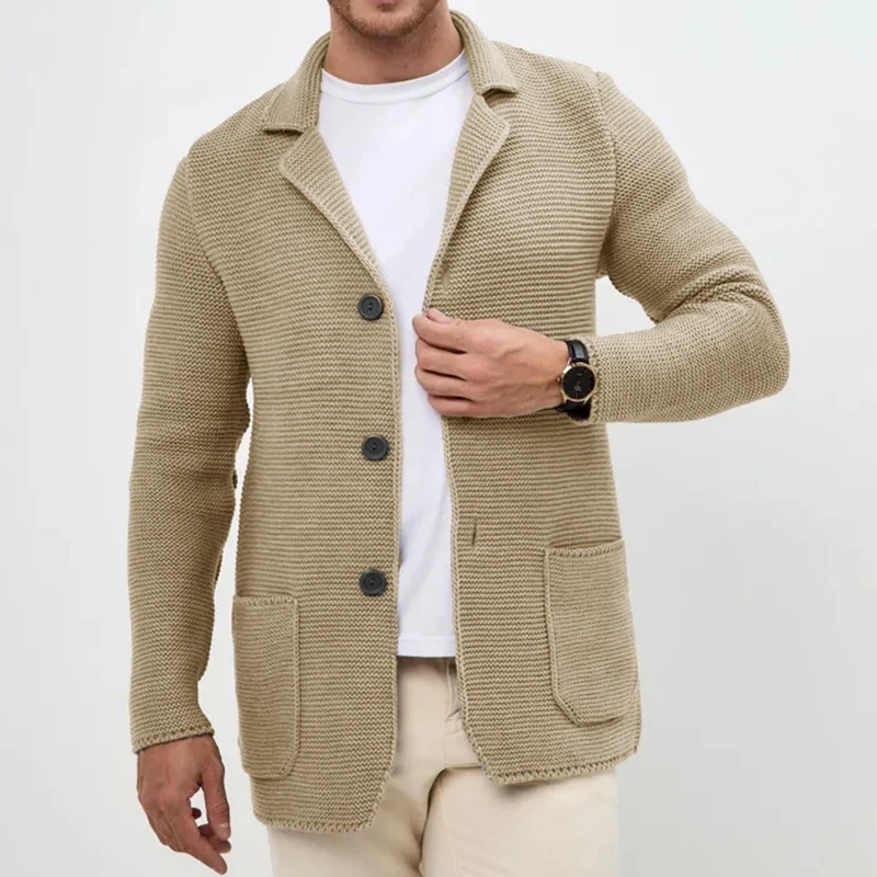 Herren grobgestrickter Strickcardigan mit Schalkragen und aufgesetzten Taschen Drune