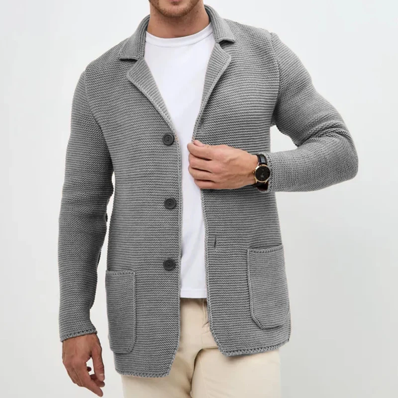 Herren grobgestrickter Strickcardigan mit Schalkragen und aufgesetzten Taschen Drune