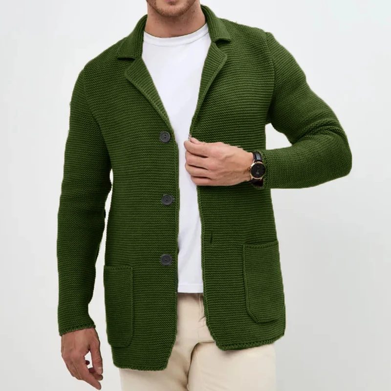 Herren grobgestrickter Strickcardigan mit Schalkragen und aufgesetzten Taschen Drune