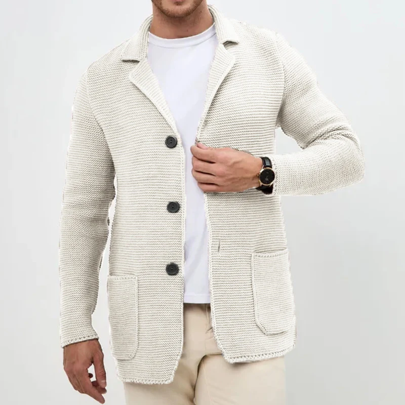 Herren grobgestrickter Strickcardigan mit Schalkragen und aufgesetzten Taschen Drune