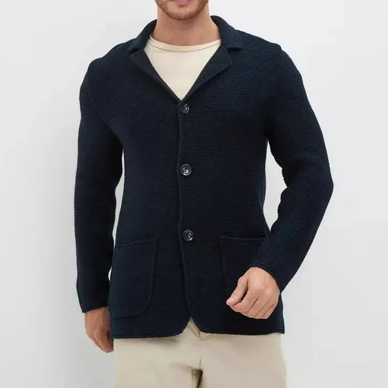 Herren grobgestrickter Strickcardigan mit Schalkragen und aufgesetzten Taschen Drune