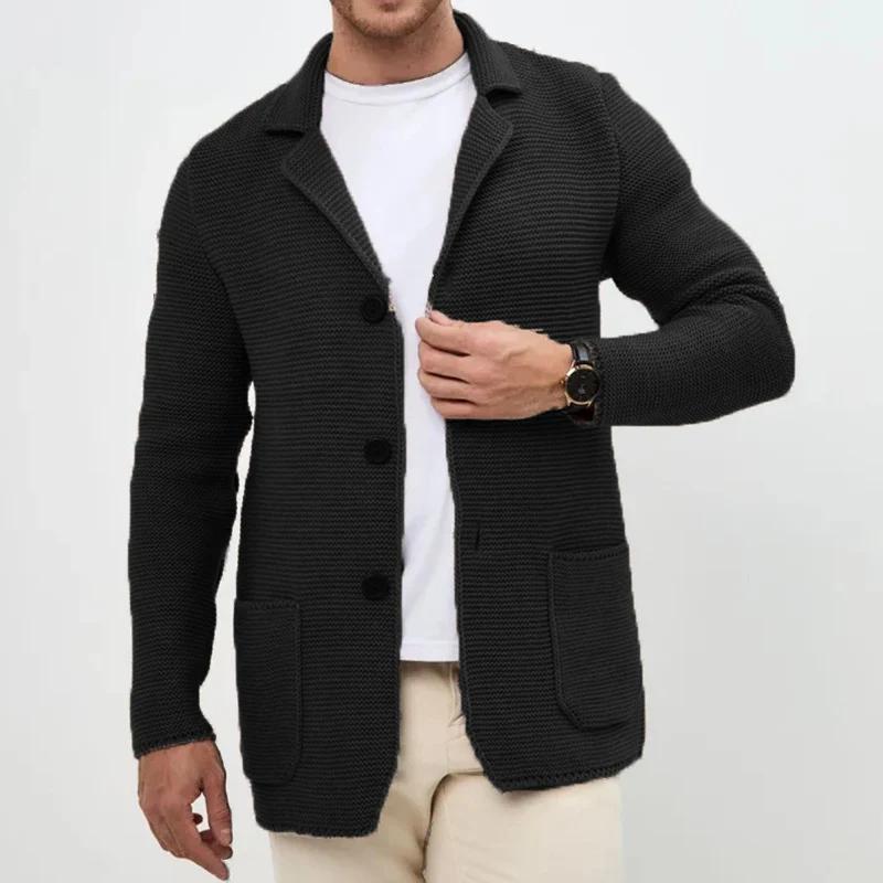 Herren grobgestrickter Strickcardigan mit Schalkragen und aufgesetzten Taschen Drune
