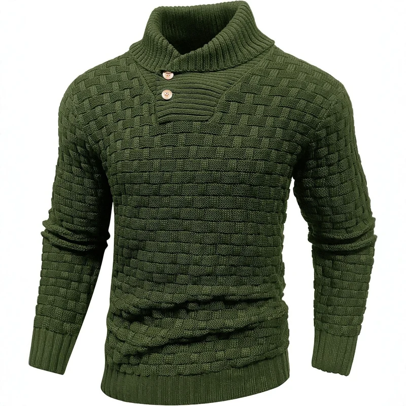 Herren Grobgestrickter Pullover mit hohem Rollkragen, Knopfleiste und Körbchenstrick Drune