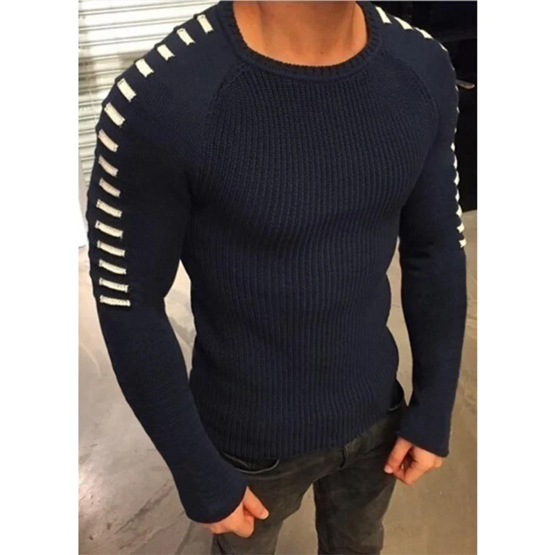 Herren Figurbetonter Rippstrick-Pullover mit Kontraststreifen an den Ärmeln Drune