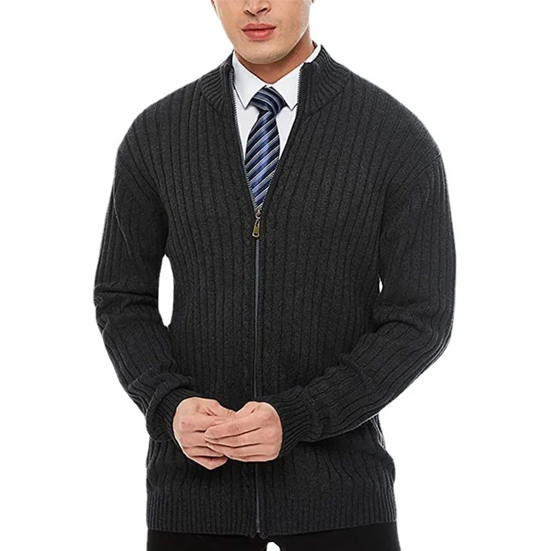 Herren Feinstrick-Cardigan mit durchgehendem Reißverschluss, Stehkragen und markanter Rippenstruktur Drune